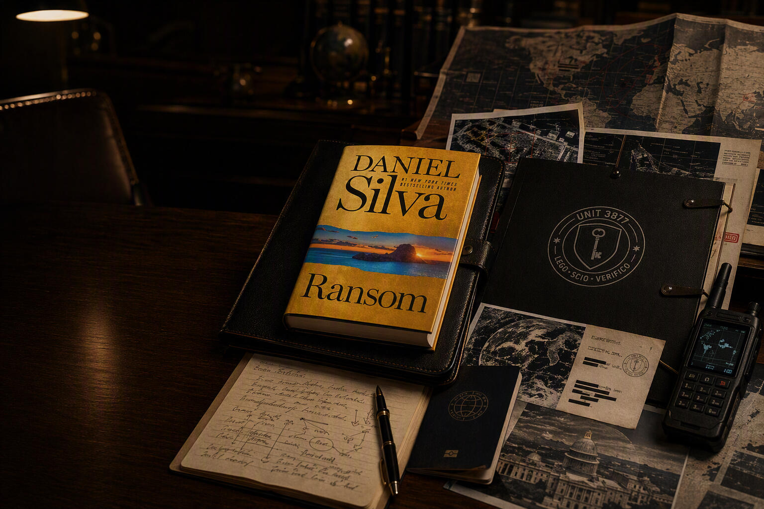 Classified Intelligence Briefing: Daniel Silva's Ransom Premium espionage fiction subscription hero image featuring Daniel Silva’s Ransom hardcover book on an elite intelligence officer’s desk with classified dossiers, analyst notes, satellite imagery, world map, passport, and secure communications device.