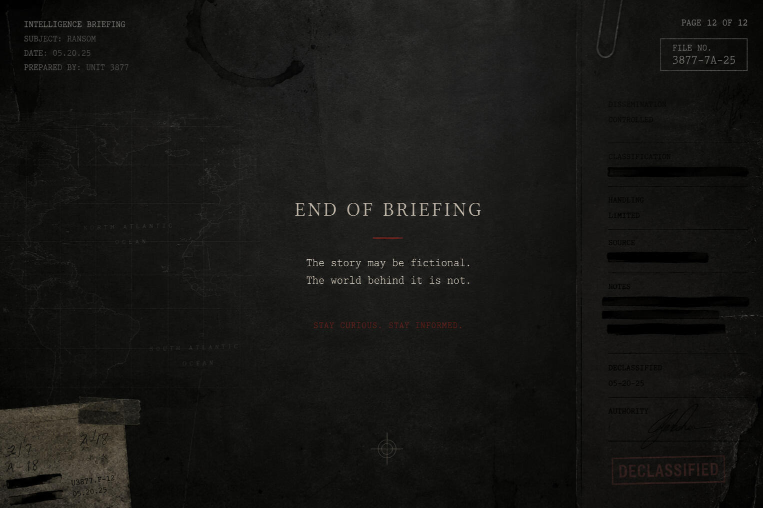 Declassified intelligence briefing design with subtle world map, redacted document details, and a premium editorial aesthetic representing the Unit 3877 espionage fiction subscription experience.