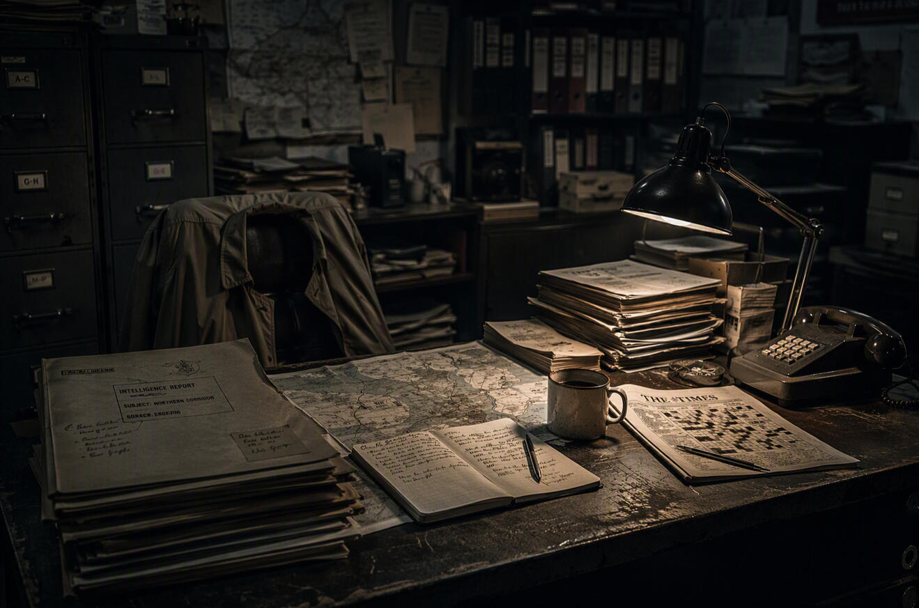 Dimly lit intelligence office with case files, maps, notebook, vintage phone, and filing cabinets in a realistic investigative workspace.