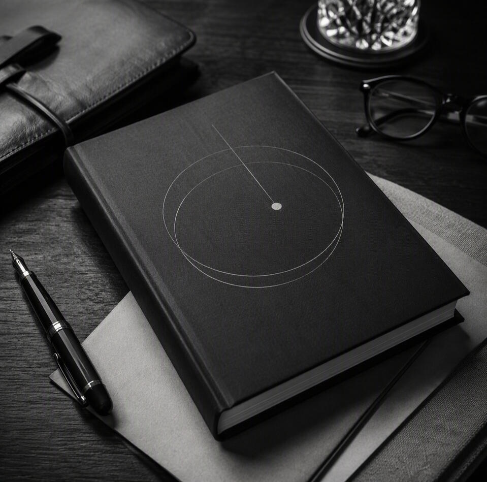 Black-and-white editorial photograph of a premium hardcover espionage novel on a dark wooden desk, surrounded by a leather notebook, fountain pen, reading glasses, and archival documents. Ultra-realistic fine art photography with cinematic lighting, rich t