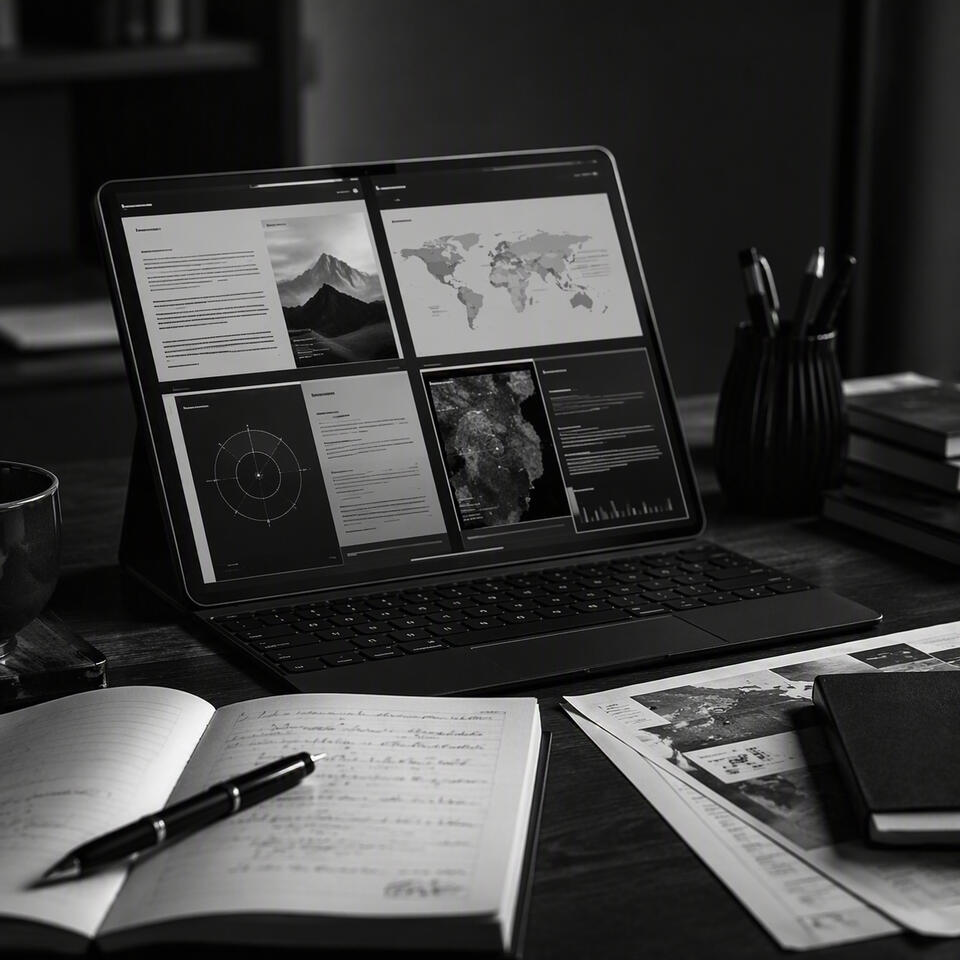 Ultra-realistic black-and-white editorial photograph of a premium intelligence briefing displayed on a modern laptop at an elegant desk, surrounded by handwritten research notes, a fountain pen, notebook, and analytical documents.