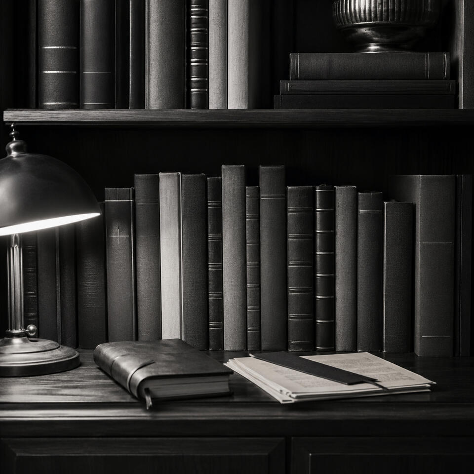 Intelligence Archive Monochrome editorial photograph of a curated dark wood bookshelf displaying premium hardcover espionage and intelligence novels with leather notebook, briefing papers, and desk lamp in a sophisticated private study, symbolizing the lifelong collection of s