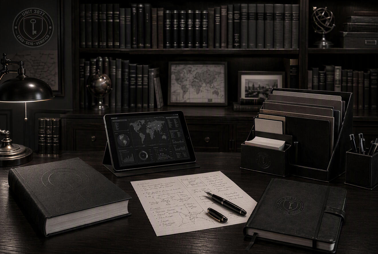 Private intelligence study with espionage novel, analyst notes, intelligence briefing tablet, dark wood bookshelves, and subtle Unit 3877 branding in a sophisticated research library setting.